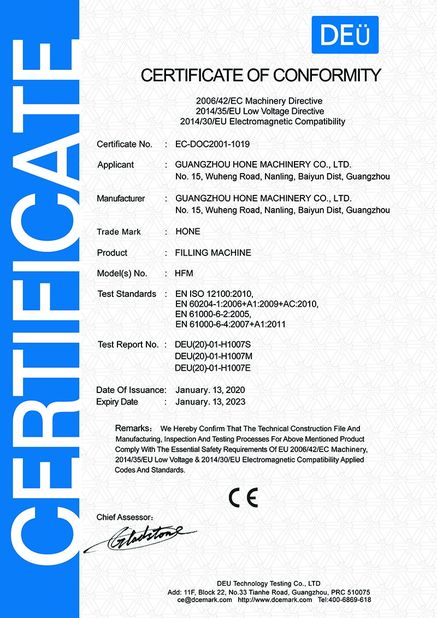 چین Guangzhou Hone Machinery Co., Ltd. گواهینامه ها